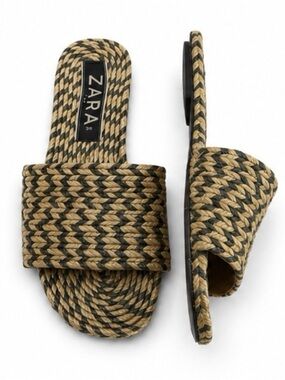 Zara Black and Natural Woven Braided Slide Sandals 6.5